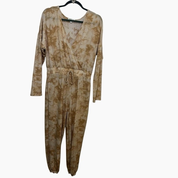 Tie dye tan cream Jumpsuit jogger long sleeve large L soft whiteroom + cactus - Picture 1 of 5